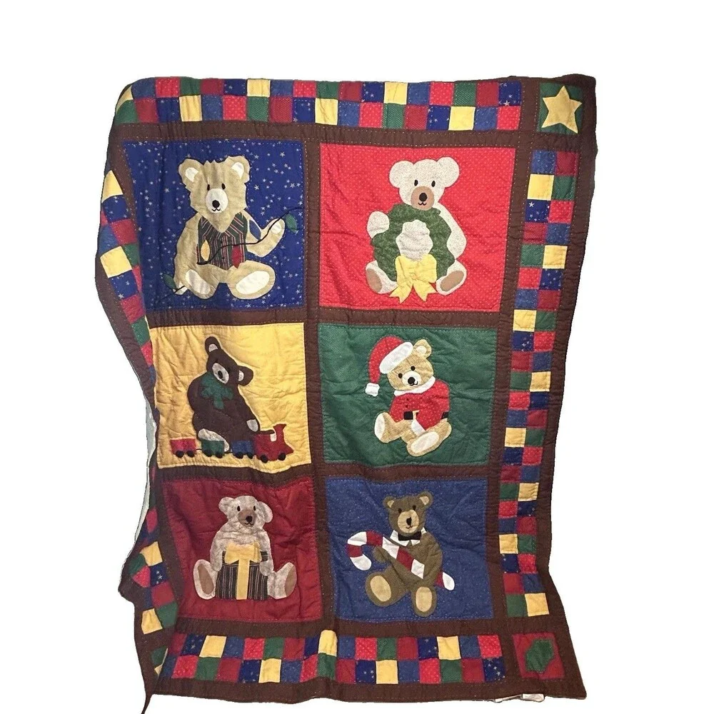 Christmas Teddy Bears Patchwork Applique Quilt Throw Blanket 50x58 Holiday Decor